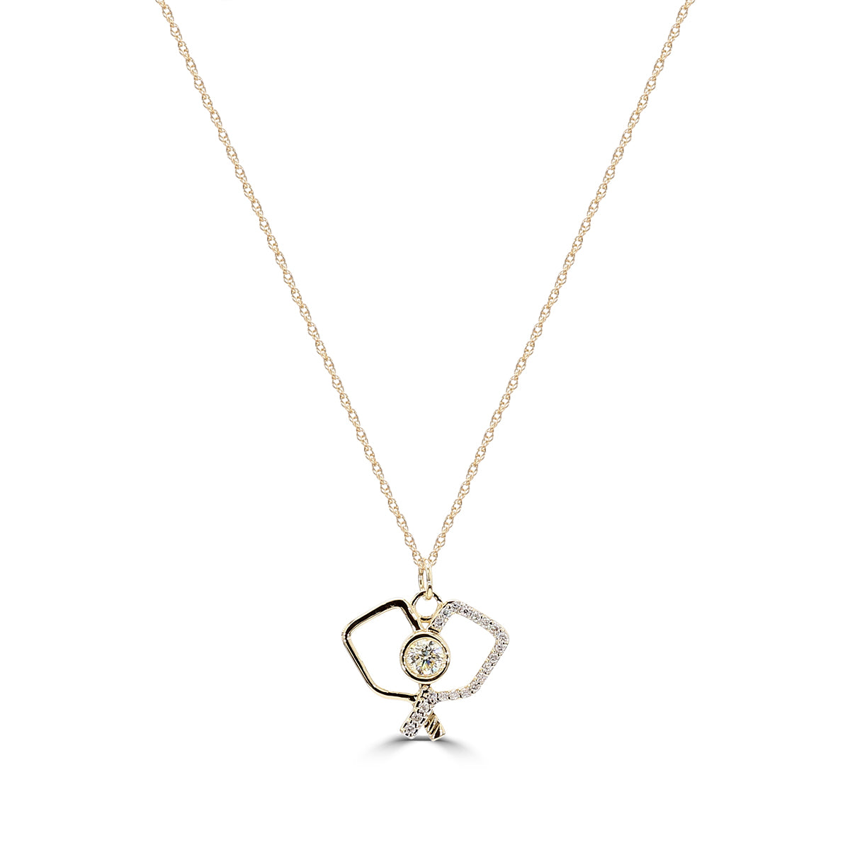 14KY Classic Standard 4 Prong  0.28 Ctw Diamond Pickleball  Pendant (0.20 Ctw Round Center Bezel Set) With Chain