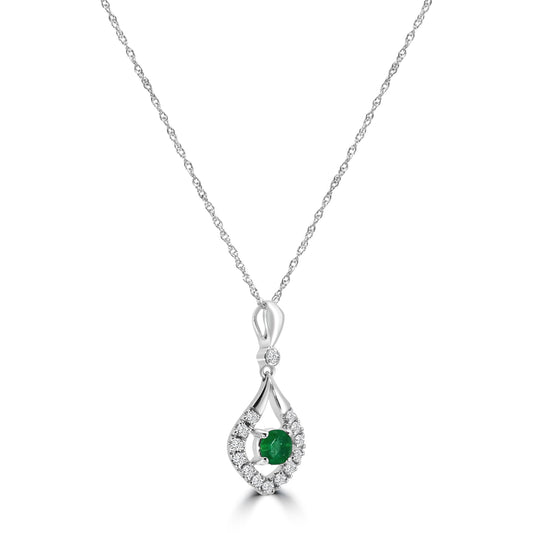 10KW Classic 4 Prong 0.13 Ctw Diamond Fashion Pendant with Center Emerald 0.18 Ctw with Chain