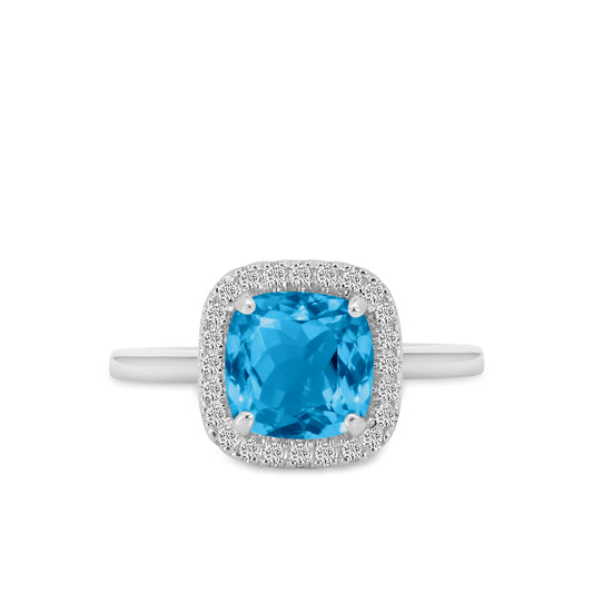 10KW 0.15 Ctw Halo Cushion Diamond Ring ( 2.80 Ctw Blue Topaz Center)