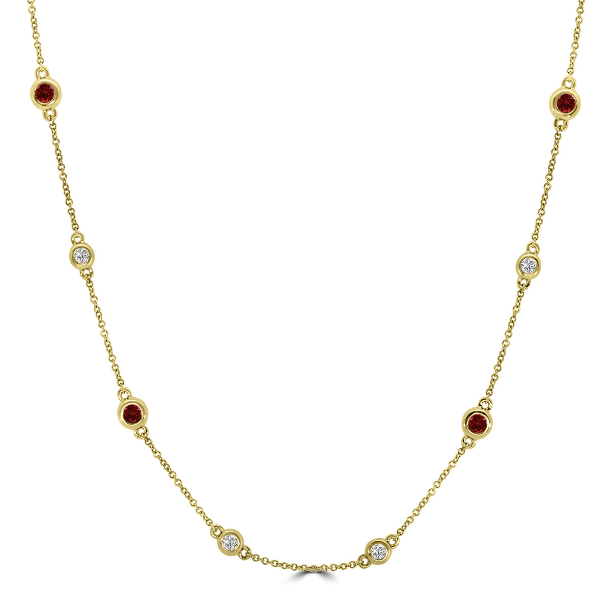 14KY 0.25 Ctw Diamond and Alt Round Ruby Station Necklace with 16 Stone