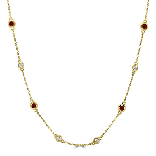 14KY 0.25 Ctw Diamond and Alt Round Ruby Station Necklace with 16 Stone