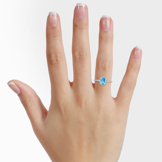 14KW 0.20 Ctw Halo Oval Diamond Ring ( 1.70 Ctw Blue Topaz Center)
