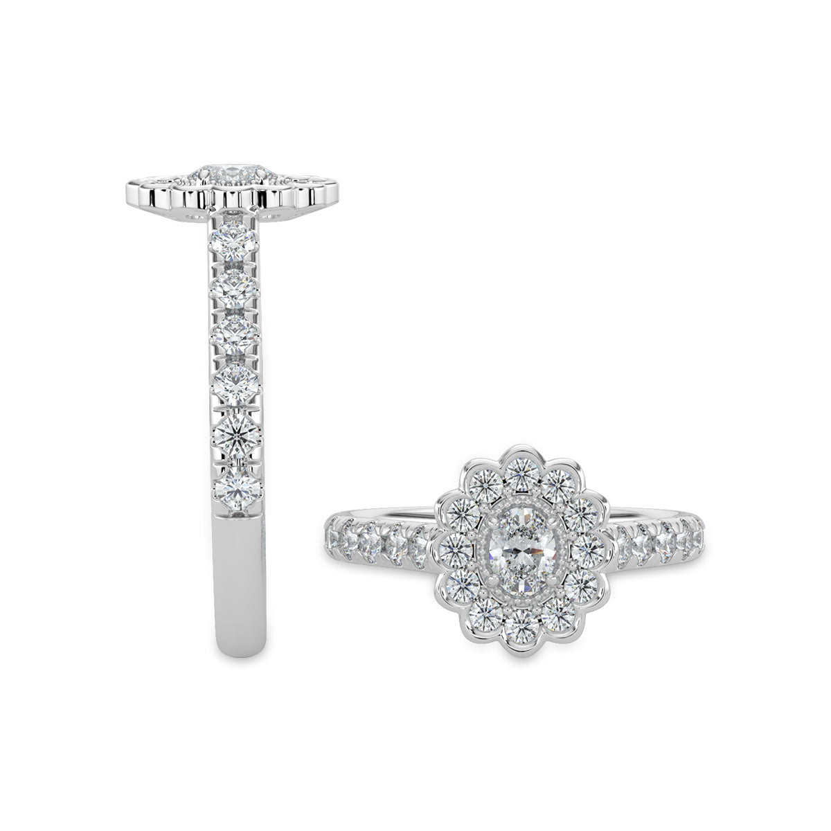 14KW 1.00 Ctw Bridal Flower Ring With 0.20 Oval Center