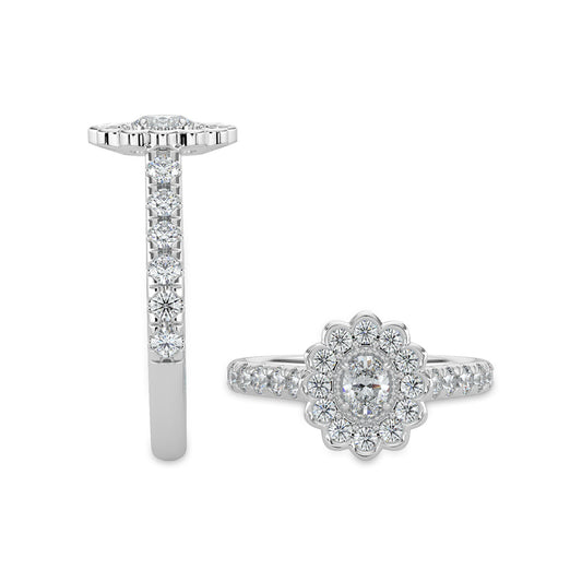 14KW 1.00 Ctw Bridal Flower Ring With 0.20 Oval Center