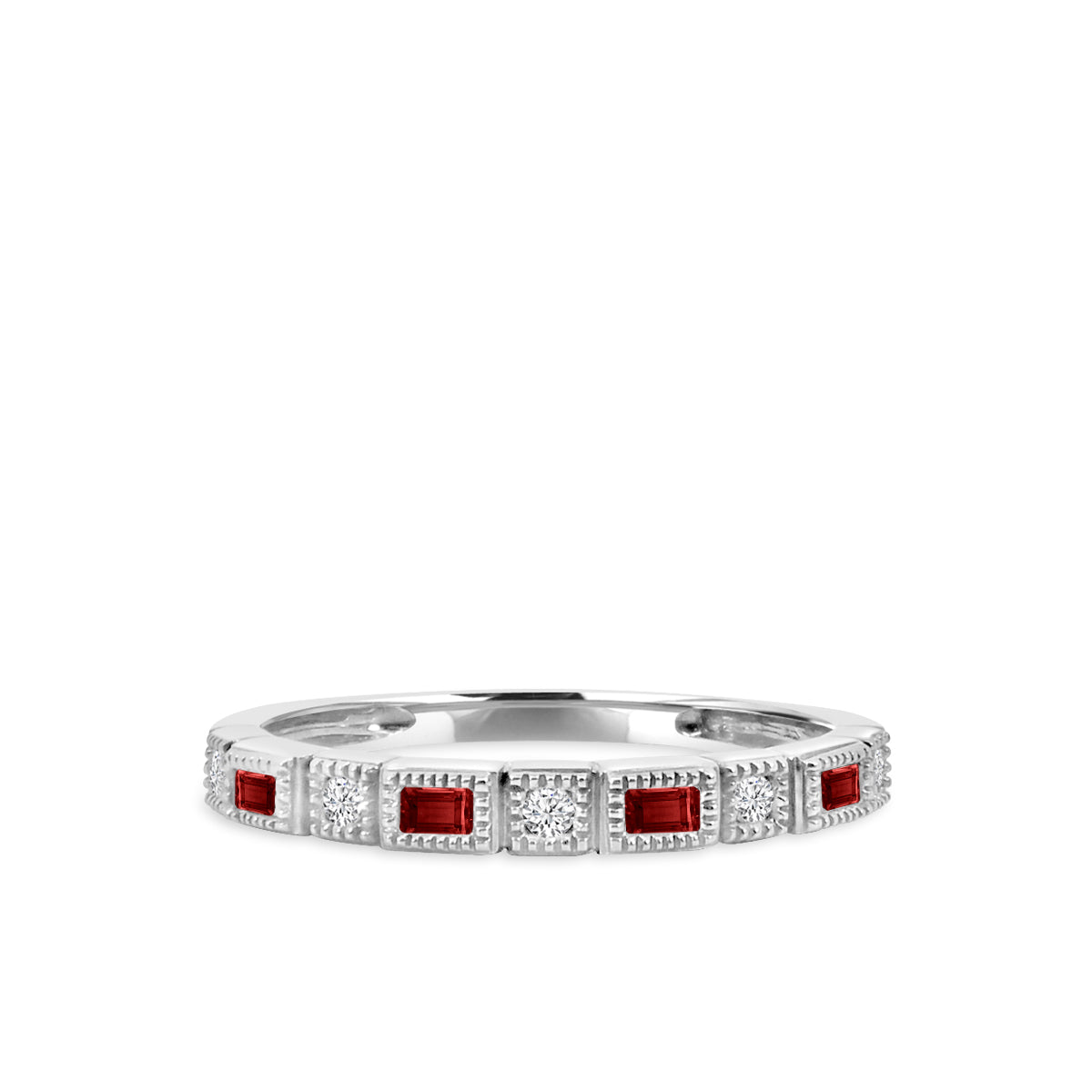 14KW 0.07 Ctw Squared and Baguette Bezel with Miligrain Diamond Band with Alt Ruby