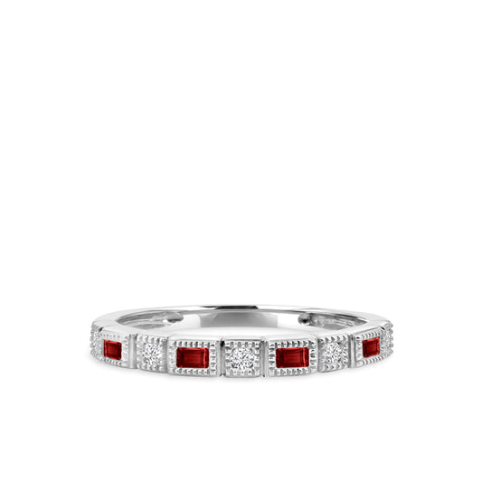 14KW 0.07 Ctw Squared and Baguette Bezel with Miligrain Diamond Band with Alt Ruby