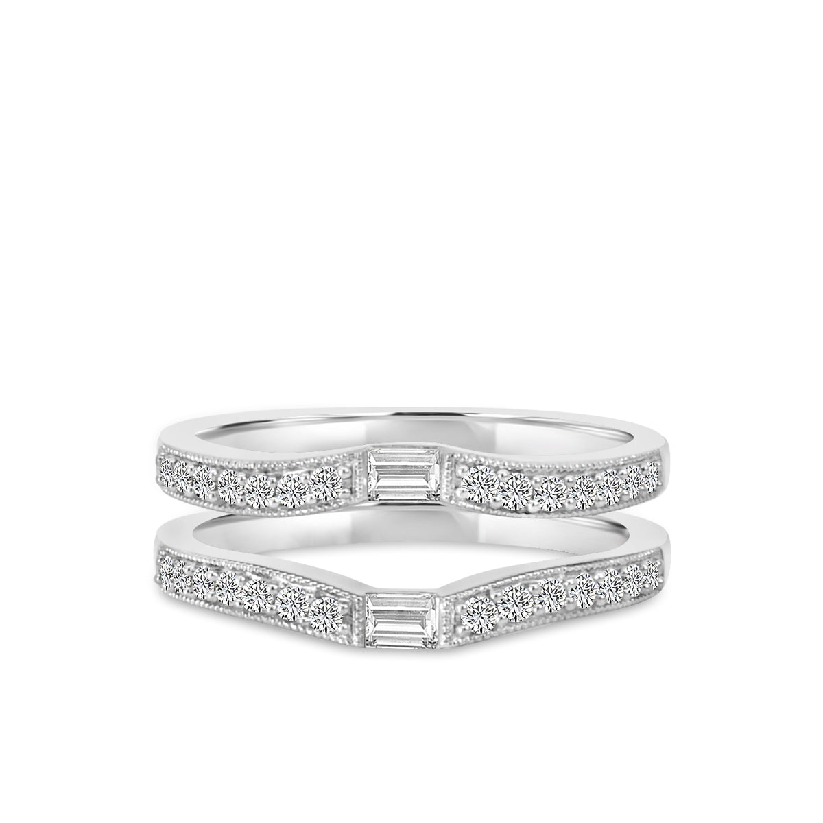 14KW 0.25 Ctw Double Curved Centered Baguette with Milgrain Diamond Band